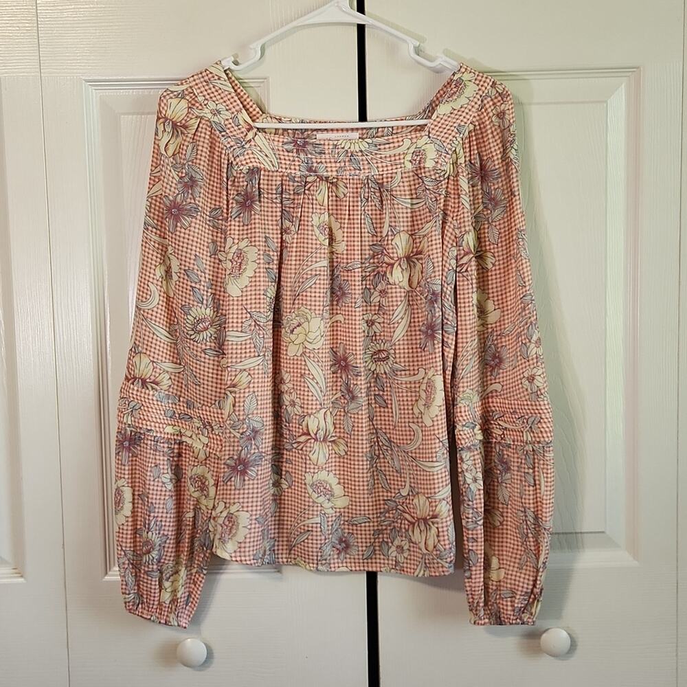 Lauren Conrad Women's Gingham Floral Blouse Size XS Square‎ Neck Cottagecore